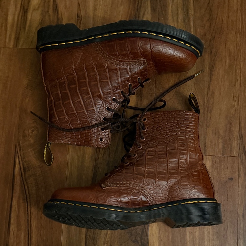 Dr. Martens Brown Croc-Embossed Leather Lace-Up Boots